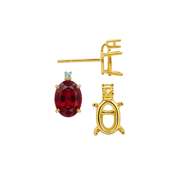 Oval Four Prong Basket Earrings with One Accent with Push Post