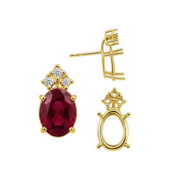 Oval Four Prong Basket Earrings with 3 Accents with Push Post
