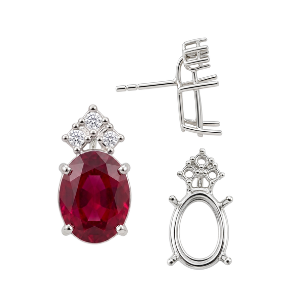 Oval Four Prong Basket Earrings with 3 Accents with Push Post