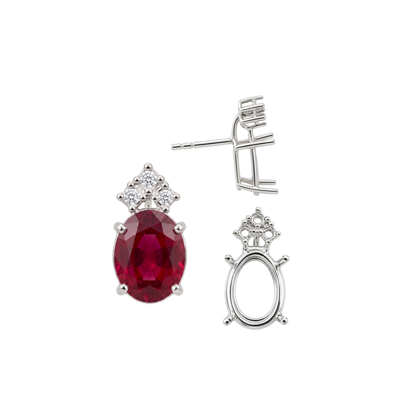 Oval Four Prong Basket Earrings with 3 Accents with Push Post