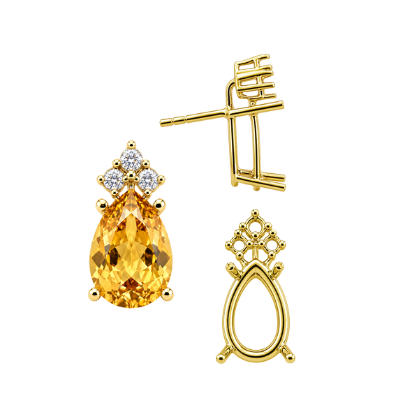 Pear Shape Four Prong Basket Earrings with 3 Accents with Push Post