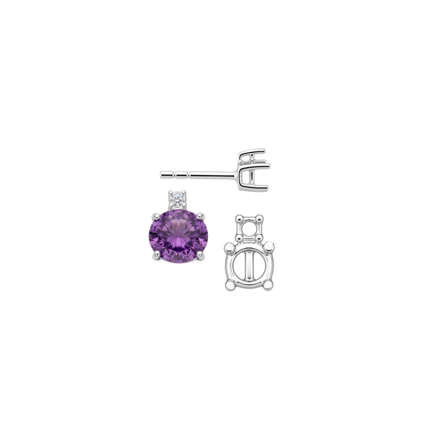 Round Four Prong Basket Earrings with One Accent with Push Post