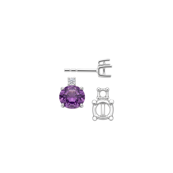 Round Four Prong Basket Earrings with One Accent with Push Post