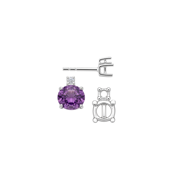 Round Four Prong Basket Earrings with One Accent with Push Post