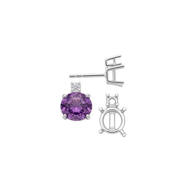 Round Four Prong Basket Earrings with One Accent with Push Post