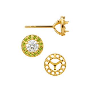 14K Gold Round Three Prong Halo Earrings with Push Post