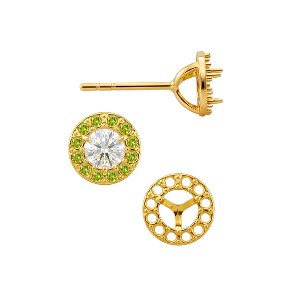 14K Gold Round Three Prong Halo Earrings with Push Post