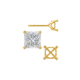 14K Gold Princess Prong Earrings with Heart Accent with Push Post