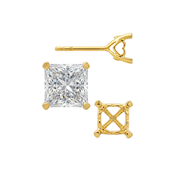 14K Gold Princess Prong Earrings with Heart Accent with Push Post