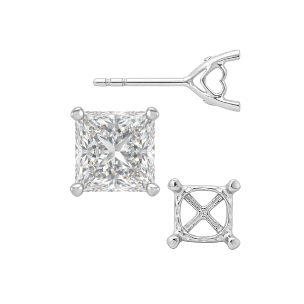 Princess Prong Earrings with Heart Accent with Push Post