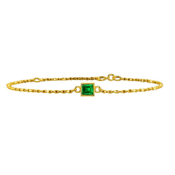 Diamond or Gemstone Square Bezel Charm in 14K Yellow Diamond Cut Cable Bracelet