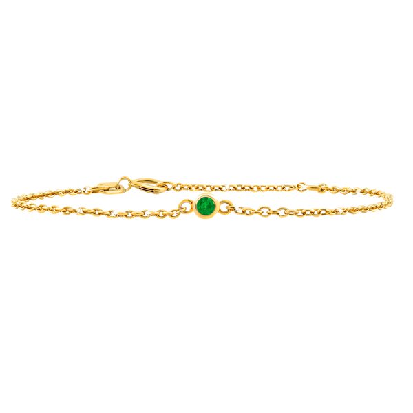Diamond or Gemstone Round Bezel Charm in 14K Yellow Diamond Cut Cable Bracelet