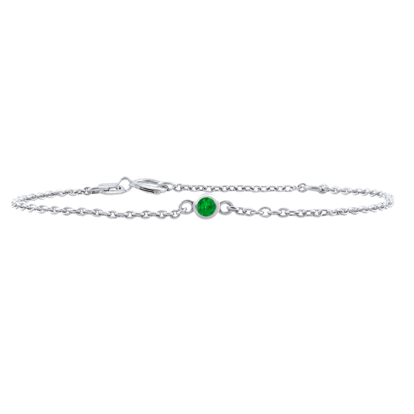 Diamond or Gemstone Round Bezel Charm in 14K White Round Cable Bracelet