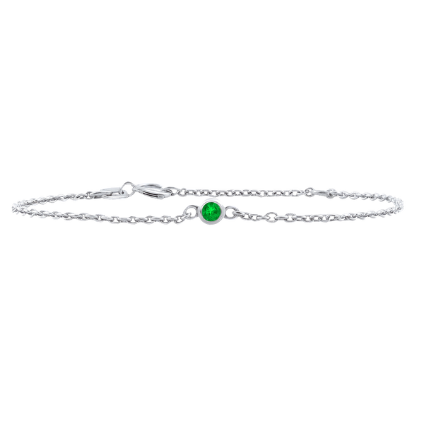 Diamond or Gemstone Round Bezel Charm in 14K White Diamond Cut Cable Bracelet