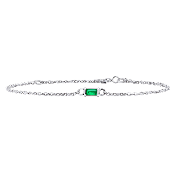 Diamond or Gemstone Baguette Bezel Charm in 14K White Diamond Cut Cable Bracelet