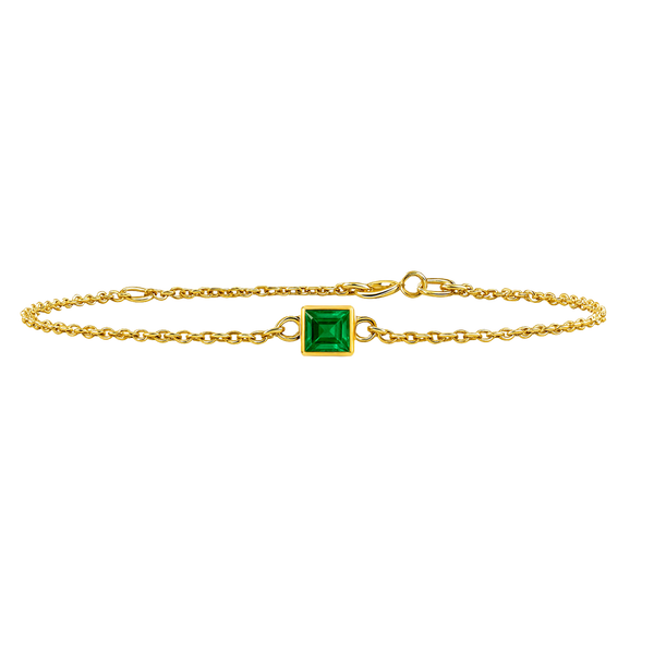 Diamond or Gemstone Square Bezel Charm in 14K Yellow Diamond Cut Cable Bracelet