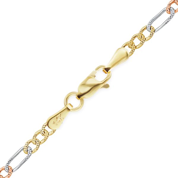 Finished Classic Figaro Bracelet in 14K Tri-Color Gold (2.25 mm)