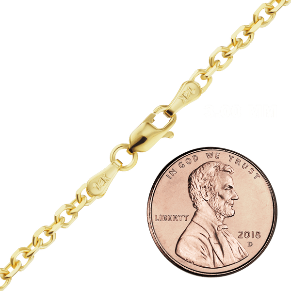 Finished Diamond Cut Round Cable Necklace in 14K Yellow Gold (1.05 mm - 3.00 mm)