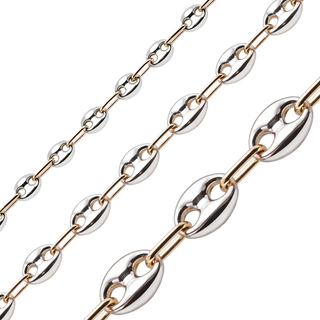 Bulk / Spooled Classic Puffed Mariner Link Semi-Solid Chain in Two-Tone Sterling Silver (4.50 mm - 8.00 mm)