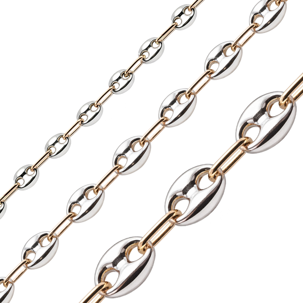 Bulk / Spooled Classic Puffed Mariner Link Semi-Solid Chain in Two-Tone Sterling Silver (4.50 mm - 8.00 mm)