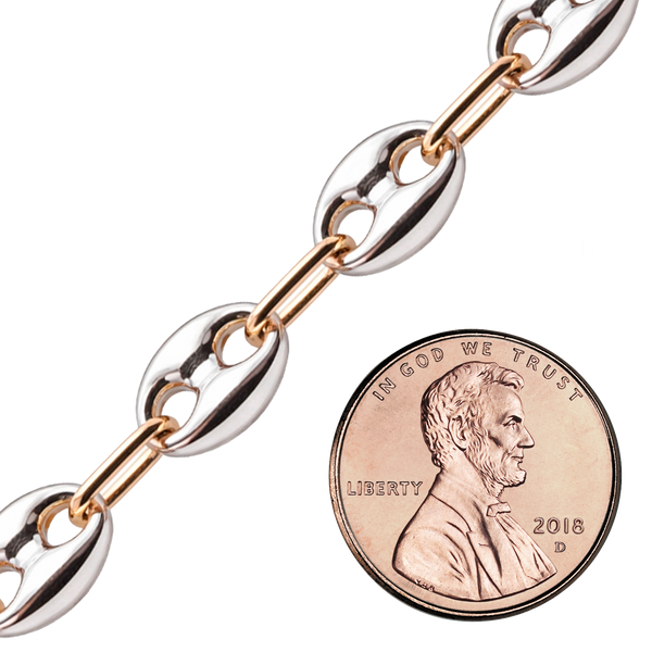 Bulk / Spooled Classic Puffed Mariner Link Semi-Solid Chain in Two-Tone Sterling Silver (4.50 mm - 8.00 mm)
