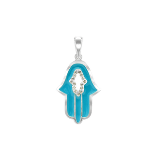 Sterling Silver Hamsa Pendant with Blue Enamel and Cubic Zirconia (33 x 18 mm)