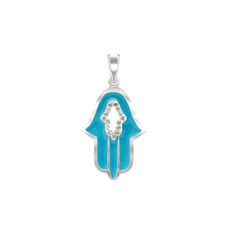 Sterling Silver Hamsa Pendant with Blue Enamel and Cubic Zirconia (33 x 18 mm)