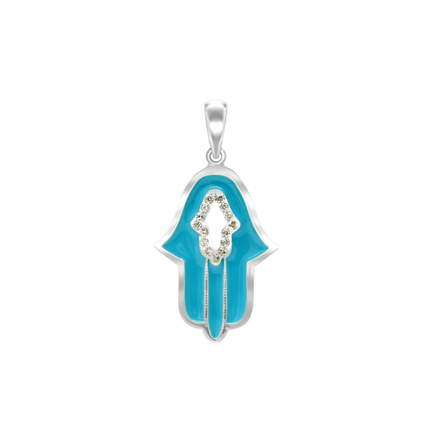 Sterling Silver Hamsa Pendant with Blue Enamel and Cubic Zirconia (33 x 18 mm)