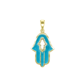 Sterling Silver Hamsa Pendant with Blue Enamel and Cubic Zirconia (33 x 18 mm)