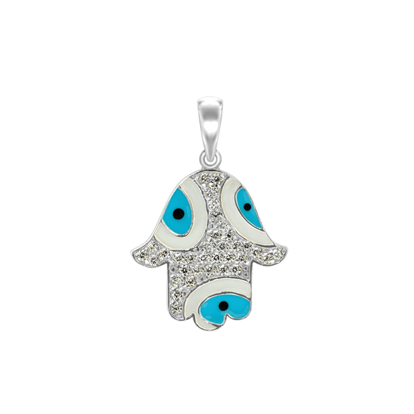 Sterling Silver Hamsa Pendant with Evil Eye with Blue Enamel (26 x 19 mm)