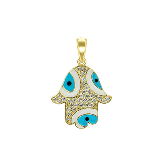 Sterling Silver Hamsa Pendant with Evil Eye with Blue Enamel (26 x 19 mm)