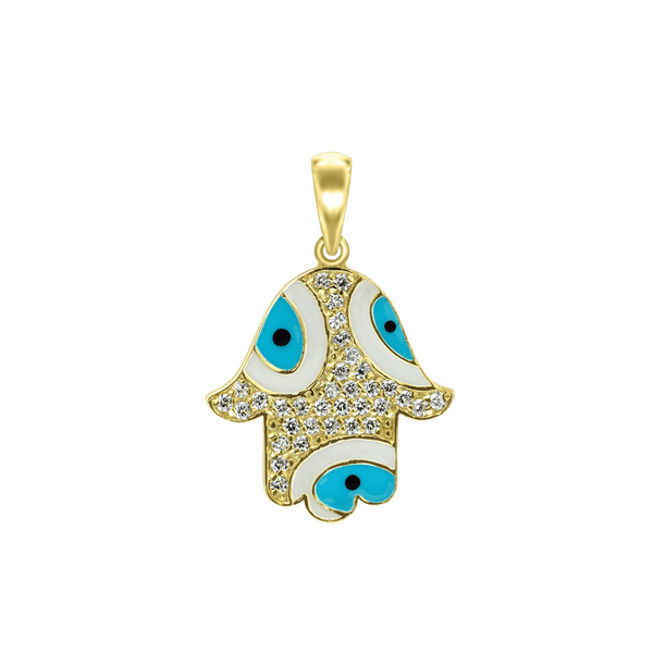 Sterling Silver Hamsa Pendant with Evil Eye with Blue Enamel (26 x 19 mm)