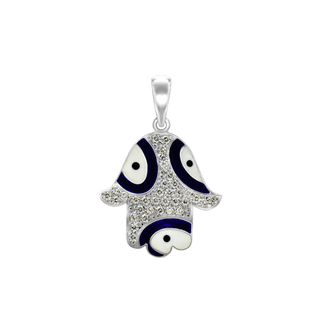 Sterling Silver Hamsa Pendant with Evil Eye with Black and White Enamel (31 x 23 mm)