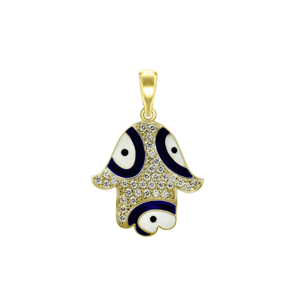 Sterling Silver Hamsa Pendant with Evil Eye with Black and White Enamel (31 x 23 mm)