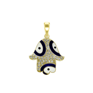 Sterling Silver Hamsa Pendant with Evil Eye with Black and White Enamel (31 x 23 mm)