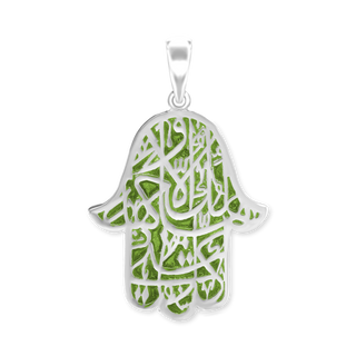 Sterling Silver Hamsa Pendant with Green Enamel (38 x 25 mm)