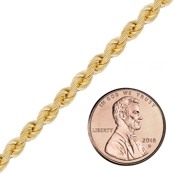 Bulk / Spooled Handmade Semi-Solid Rope Chain in 14K Yellow Gold (2.20 mm - 4.20 mm)
