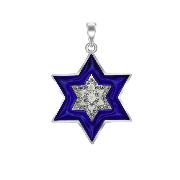 Sterling Silver Star of David Pendant with Cubic Zirconia and Enamel (33 x 22 mm)