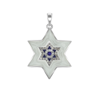 Sterling Silver Star of David Pendant with Cubic Zirconia and Enamel (33 x 22 mm)