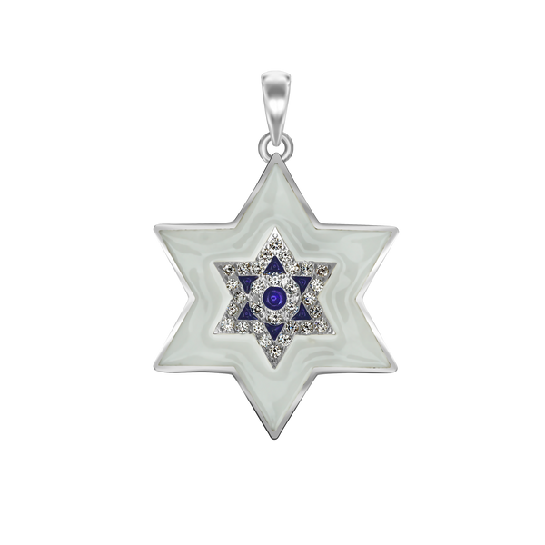 Sterling Silver Star of David Pendant with Cubic Zirconia and Enamel (33 x 22 mm)