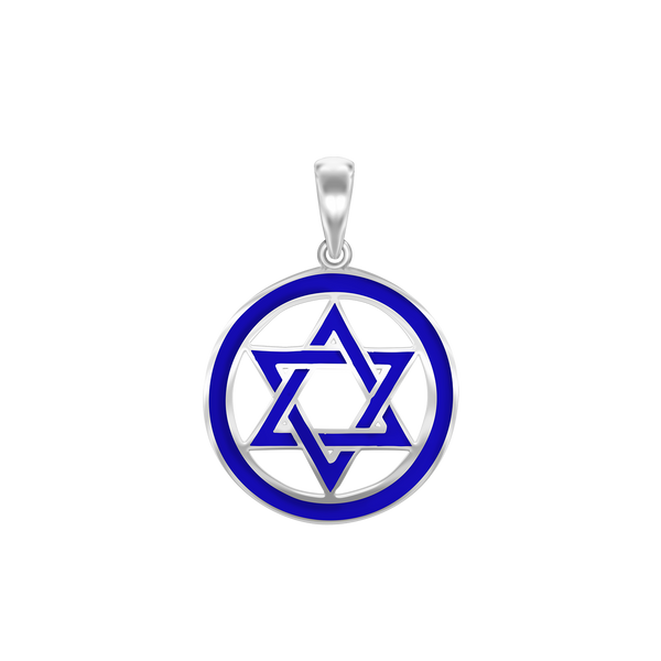 Sterling Silver Star of David Medallion with Blue Enamel (30 x 22 mm)