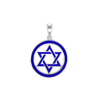 Sterling Silver Star of David Medallion with Blue Enamel (30 x 22 mm)