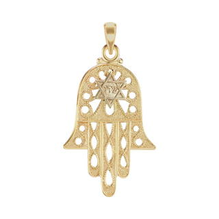 14K Gold Hand of God Hamsa with Star of David Pendant (30 x 17 mm)