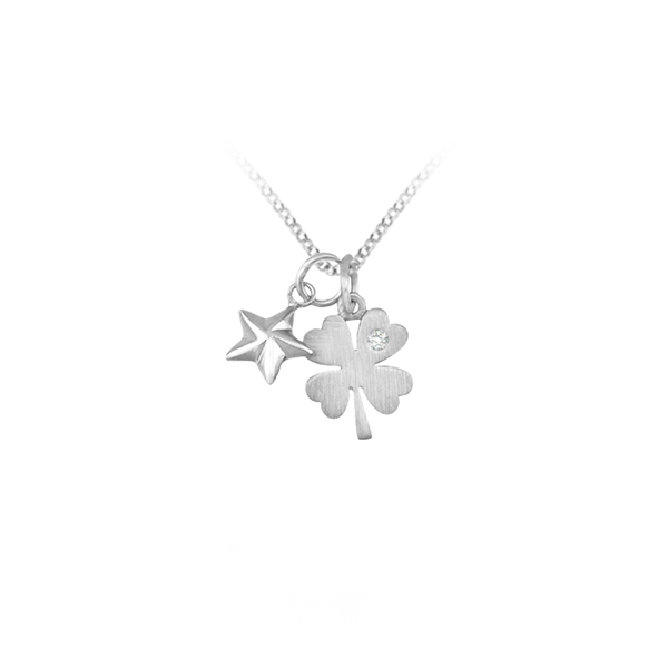 Clover and Star Necklace with Cubic Zirconia in Sterling Silver (15 x 12 mm)