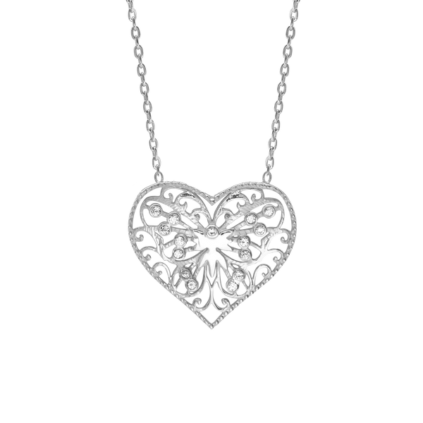 Heart with Filigree Necklace with Cubic Zirconia in Sterling Silver (19 x 20 mm)