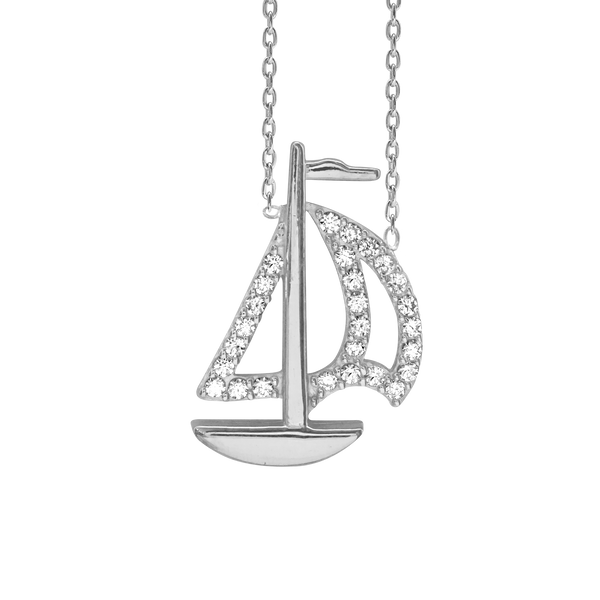 Sailboat Necklace with Cubic Zirconia in Sterling Silver (20 x 13 mm)