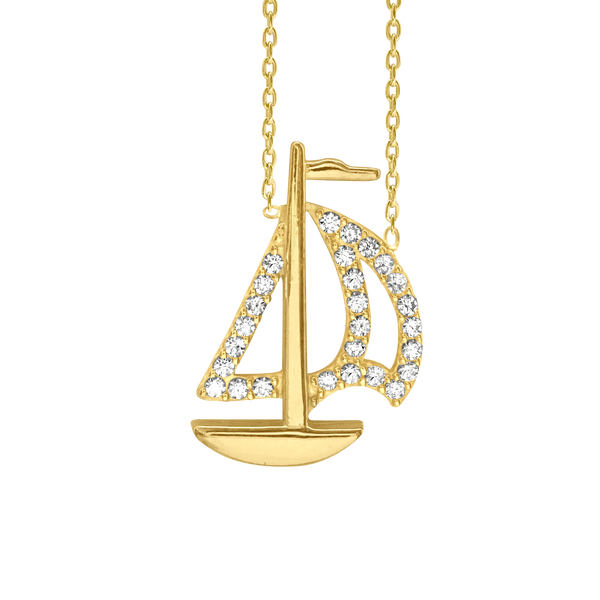 Sailboat Necklace with Cubic Zirconia in Sterling Silver (20 x 13 mm)