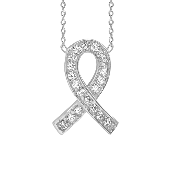 Awareness Ribbon Necklace with Cubic Zirconia in Sterling Silver (15 x 11 mm)