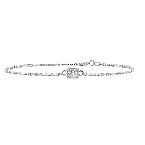 Diamond or Gemstone Square Bezel Charm in 14K White Round Cable Bracelet
