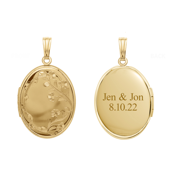 Hand Engraved Design Oval Locket in 14K Gold Filled with Optional Engraving (34 x 20 mm)